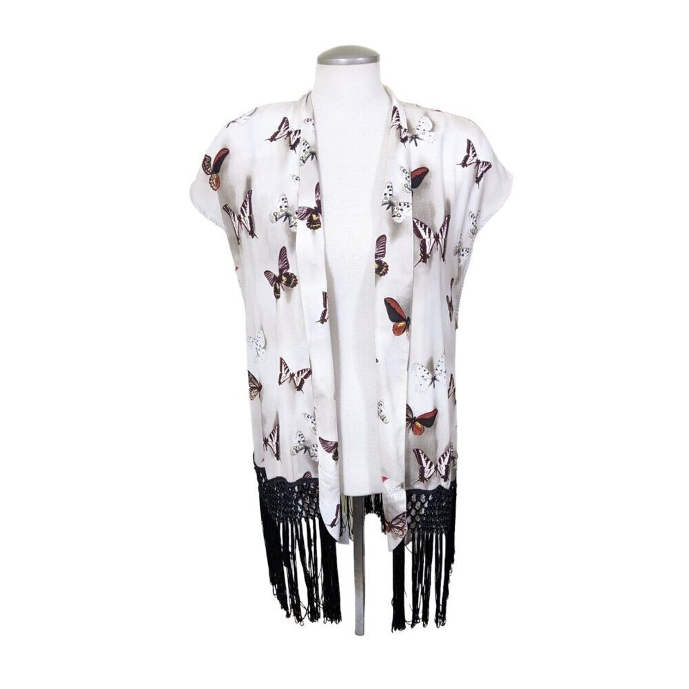 *Womens Size 14 Longline Open Vest Fringed Butterfly Print Festival Artsy Boho